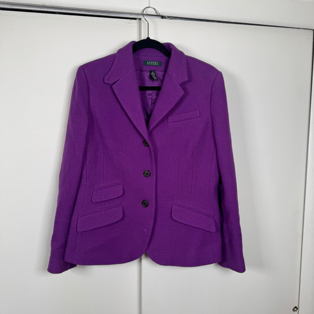 Lauren Ralph Lauren Purple Wool Blend 3-Button Blazer Jacket Womens 14